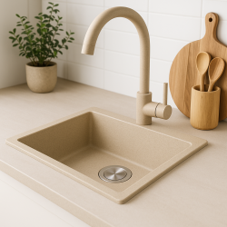 GraniteMy Universal granieten beige zand spoelbak 34x40 cm opbouw onderbouw en vlakinbouw met rvs plug 1208968007